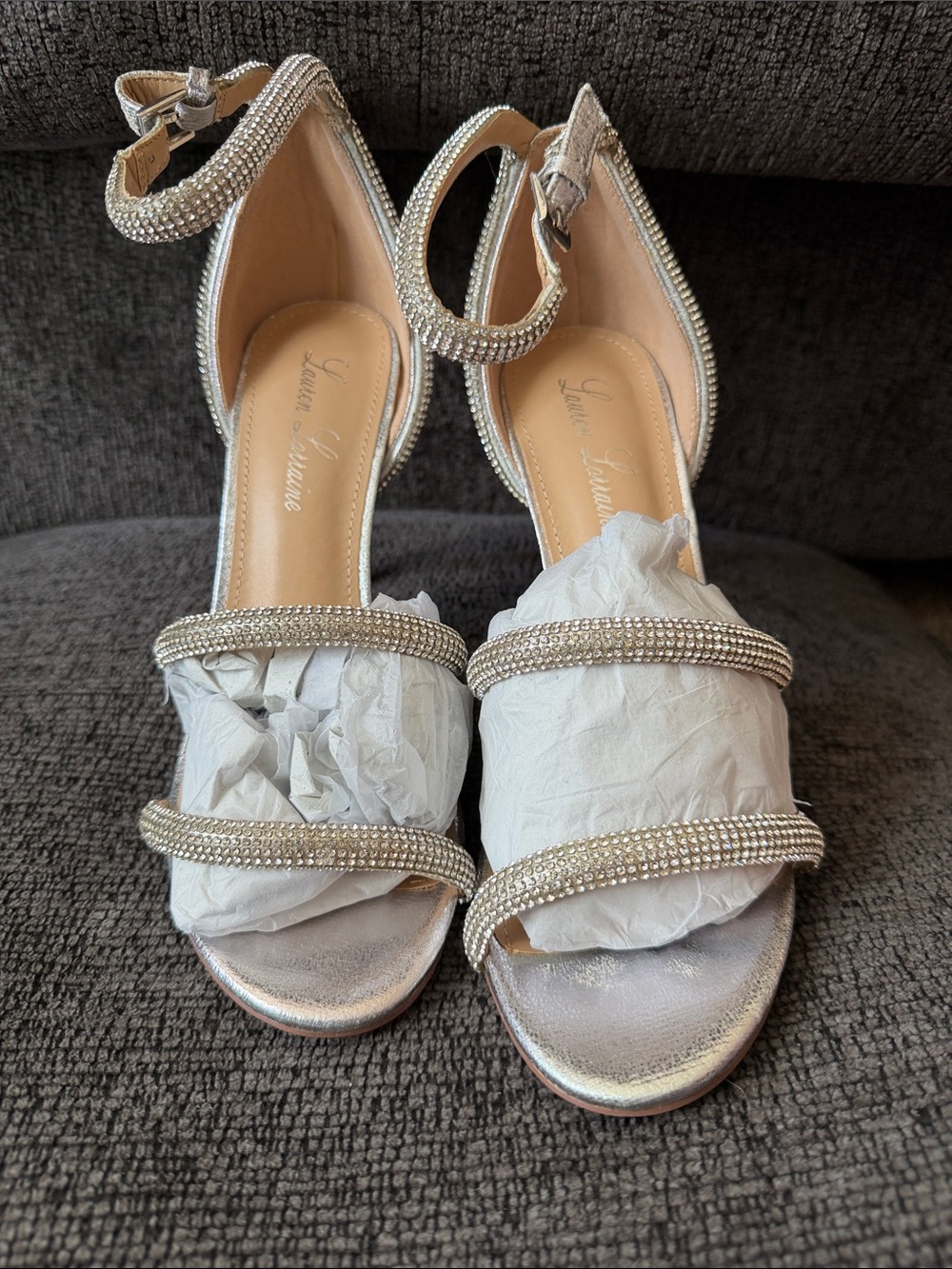 Lauren Lorraine Embellished Silver Ankle-Strap Women’s Heels